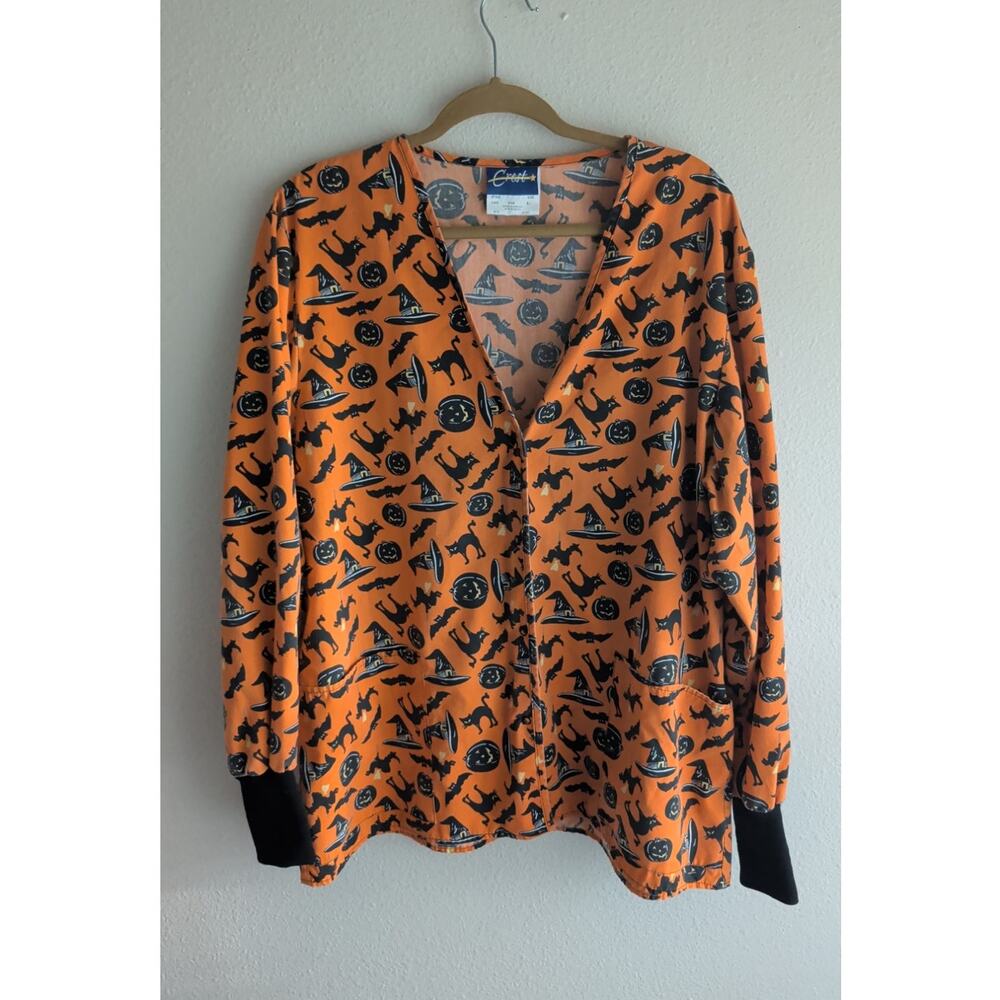 Vtg y2k Halloween Scrub jacket Jack-o-Lantern pumpkin workwear nurse doctor 90s